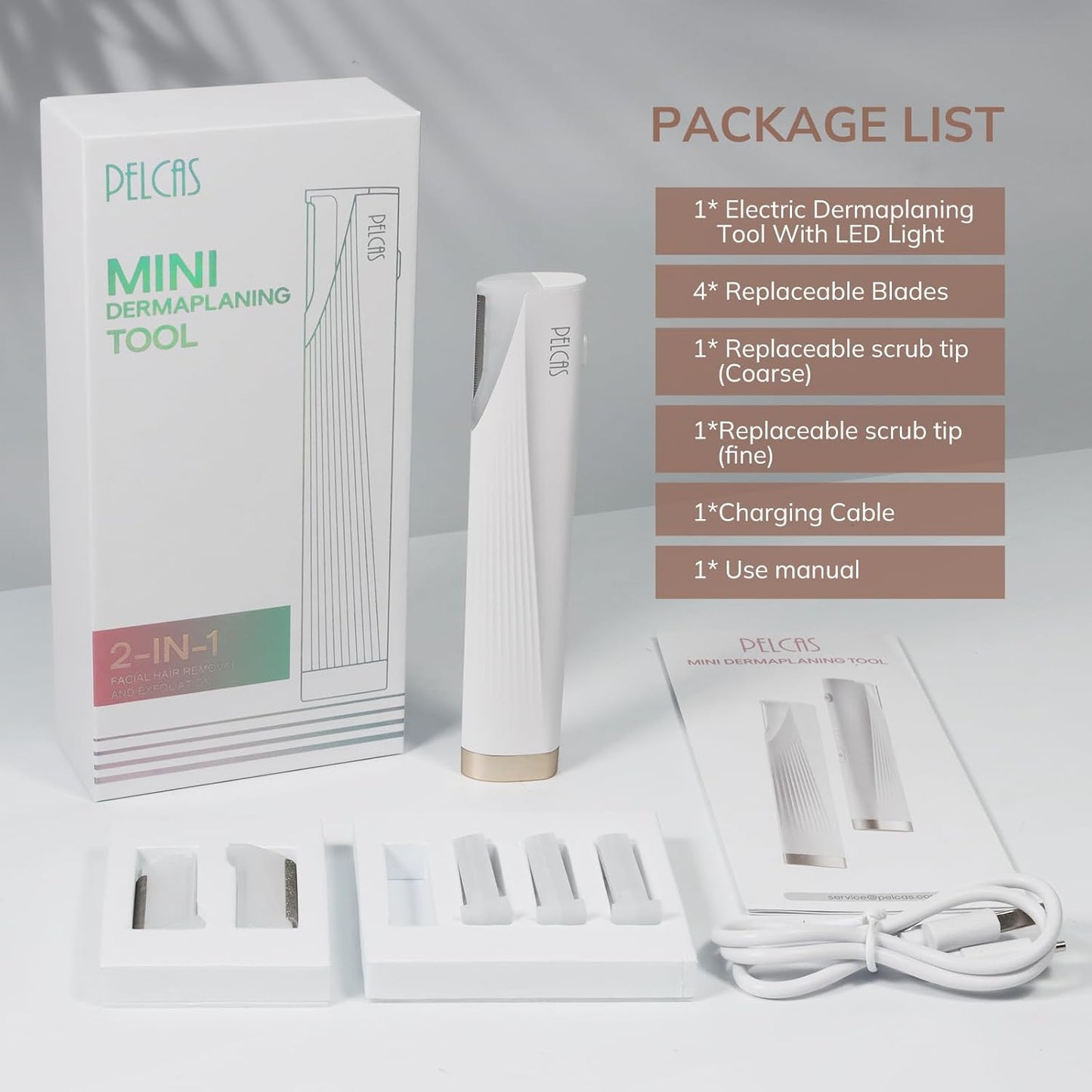 Electric Dermaplaning Tool - LED Light Mini Razor Kit for Painless Facial Hair Removal | 3 Speeds, 6 Blades, Off White