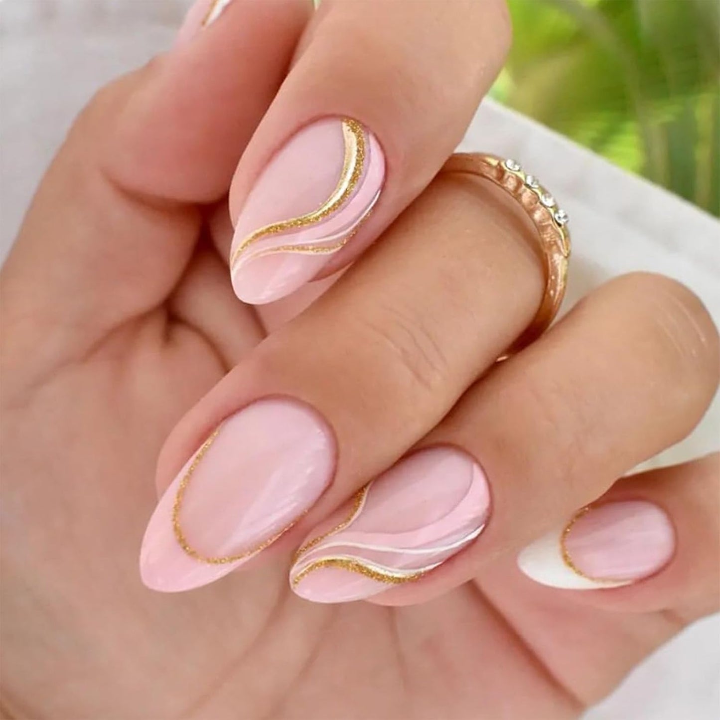Press On Nails - Orange Almond Shape with Gold Glitter Swirl | 24 Pcs Acrylic Fake Nails for Women
