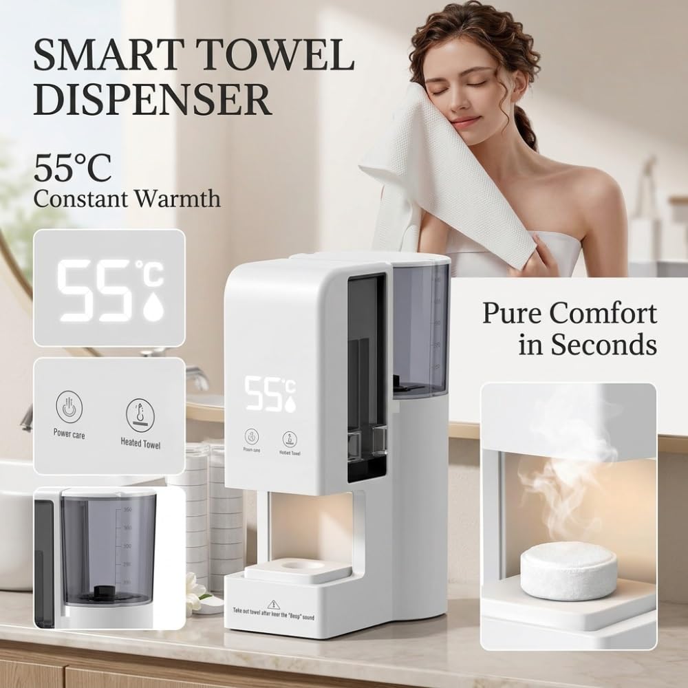 Hot Face Towel Dispenser, 5-Second Heating,55°C Constant Temp,Automatic Disposable Hot Towel Dispenser for Spa, Salon,Hotel, Bathroom(40Pcs Towels)