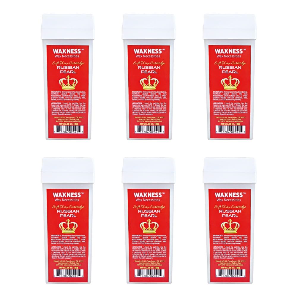 Waxness Russian Pearl Soft Wax Cartridge – Pack of 6× 3.38 oz (100 g) – Rosin-Free Soft Wax Roll-On with Creamy Texture and Skin Visibility, Professional Use – Made in Italy