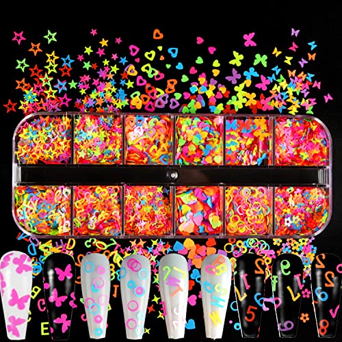 TBRZTR Fluorescent 3D Nail Sequins Kit – Mixed Design Butterfly, Heart, Star, Alphabet & More (12 Grids)