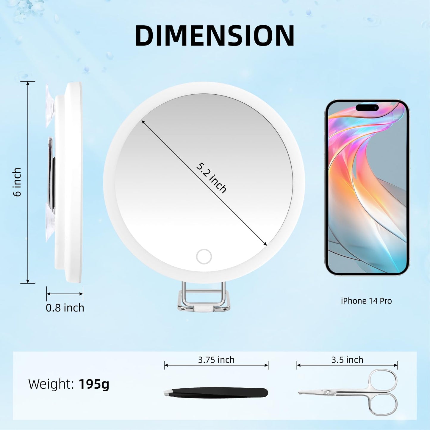 JJhxr 40X Magnifying Mirror with Lights, 6inch Compact Travel Size, 40X Lighted Makeup Magnification Mirror with 3 Suction Cups and 360° Adjustable Stand - Includes Tweezers & Scissors Set