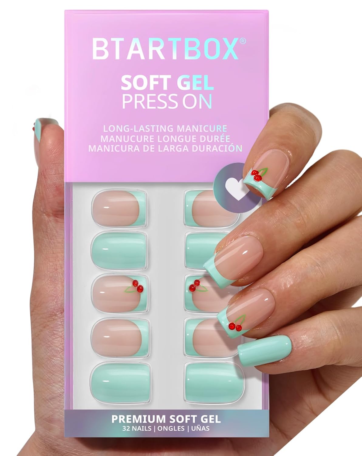 French Tip Press On Nails - Sunprint Dress | Lamp-Curable 4-Week Wear, Pink Short Almond, 16 Sizes, 32 Nails Kit