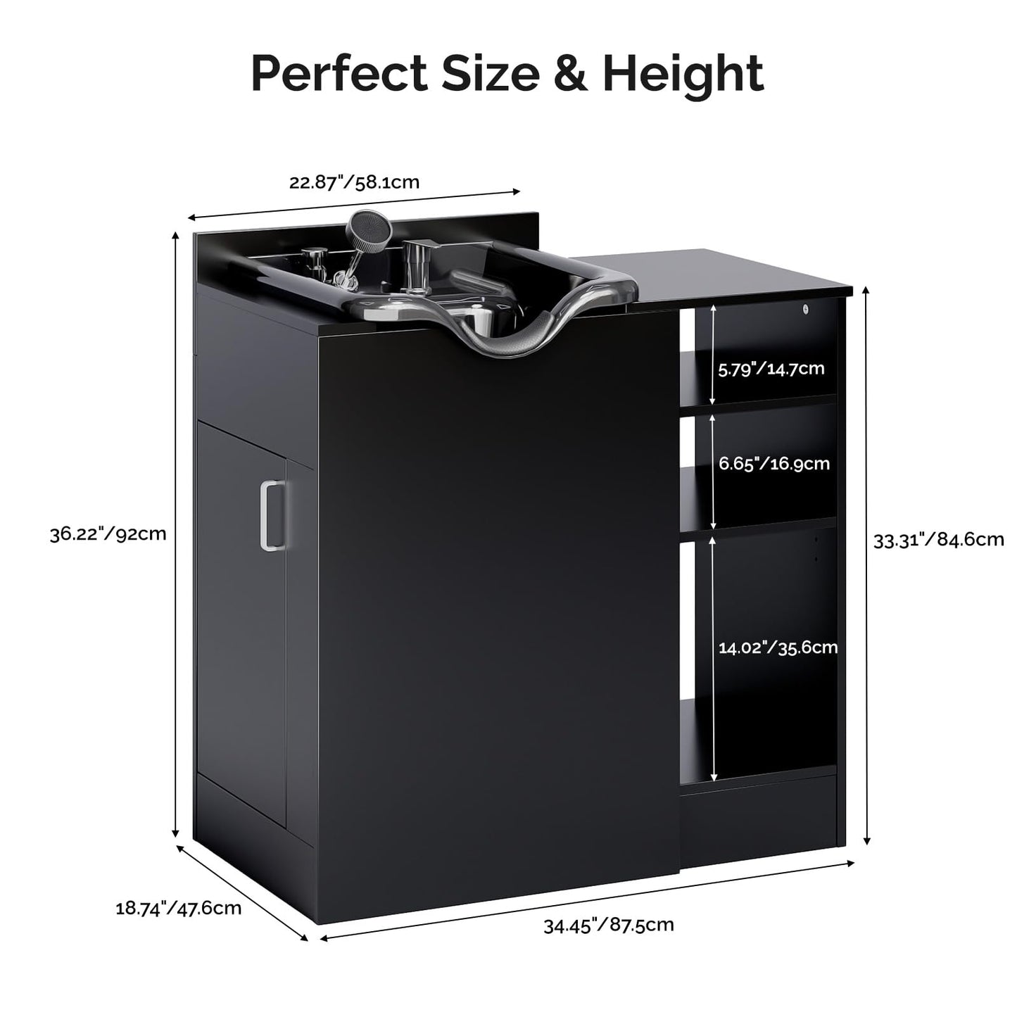 OmySalon Shampoo Bowl with Cabinet, Portable Salon Hair Washing Station with Adjustable Shelf, UPC Certified Faucet, Freestanding Backwash Sink for Barber, Beauty Salon, Spa