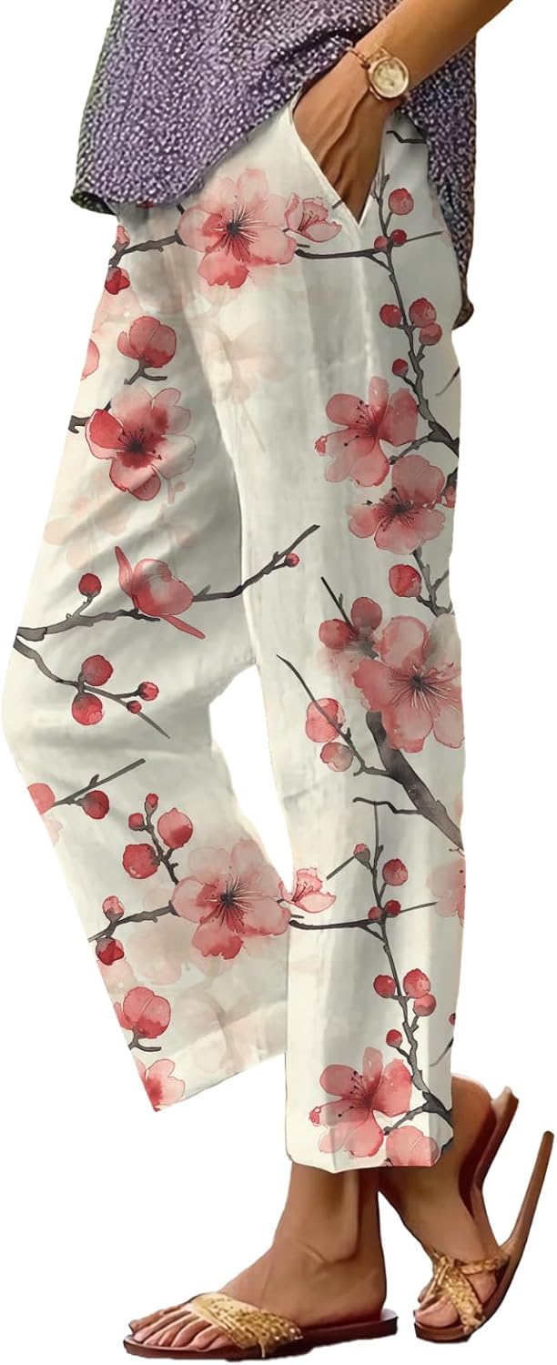 Women's Boho Floral Wide Leg Capris - Elastic Waist, Loose Fit Beach Pants | Casual Summer Trousers