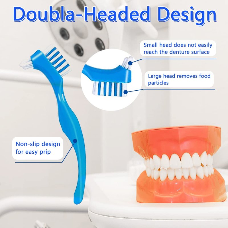 Denture Cleaner Box and Brush Set - 2 Pack Denture Bath Case with Basket + 2 Pack Denture Brush, Portable Denture Retainer Storage Box, False Teeth Brushes for Oral Care (Light and dark blue)