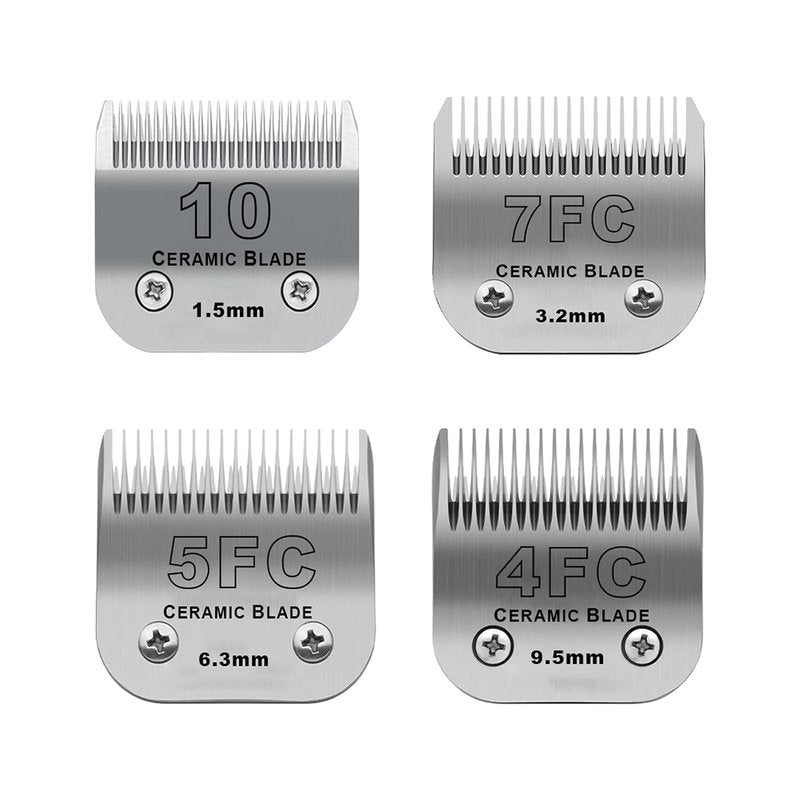 Size 10/7FC/5FC/4FC Detachable Pet Dog Grooming Clipper Ceramic Blades Set,Compatible with Andis,Oster A5,Wahl KM10 Series Clippers,Cut Length 1/16"(1.5mm) to 3/8"(9.5mm),4 Pack