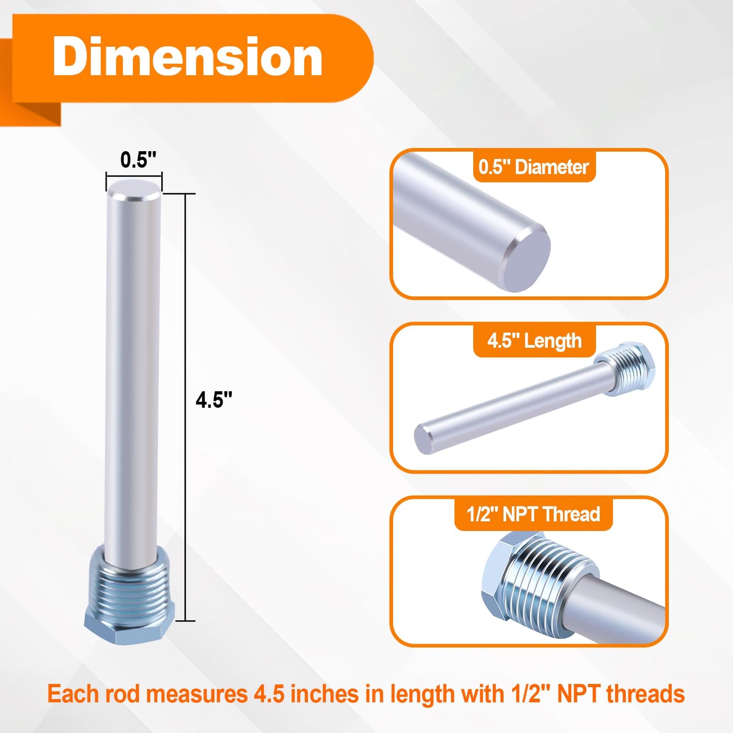 RV Water Heater Magnesium Anode Rod Compatible with Atwood Heaters 11553-4.5”, 1/2" NPT, For RV, Camper and Trailer Water Heaters Replacement Parts