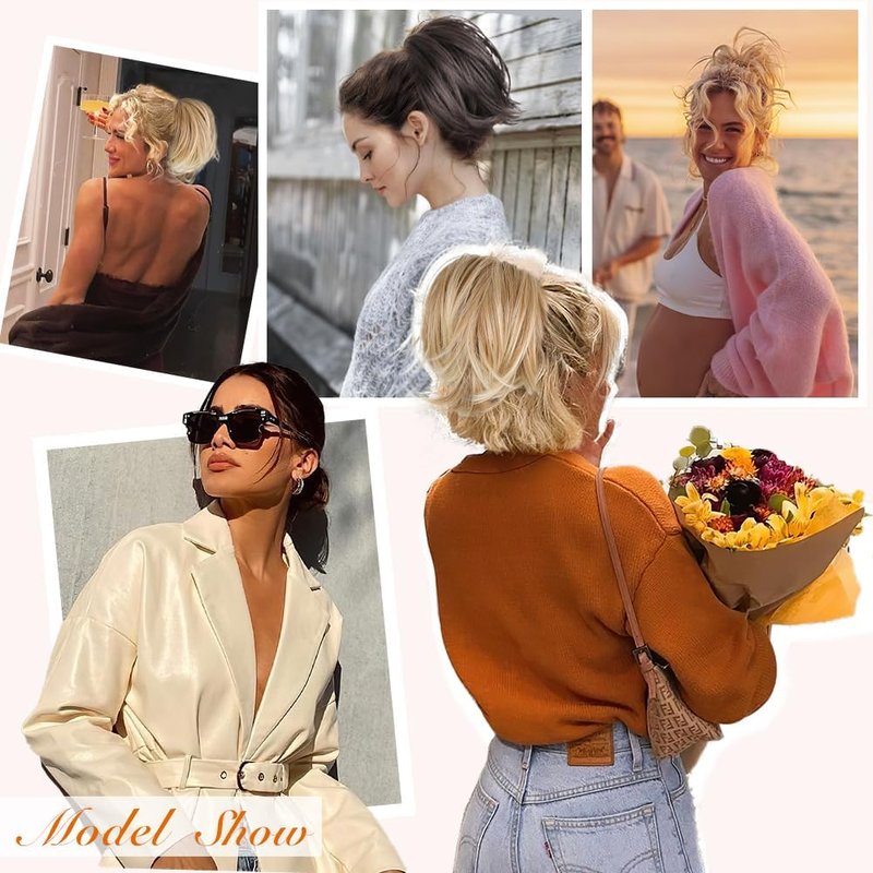 Messy Bun Hair Piece - Claw Clip Short Straight Ponytail Extension | Bendable Synthetic Hair - Deep Blonde with Highlights, 8 Inch