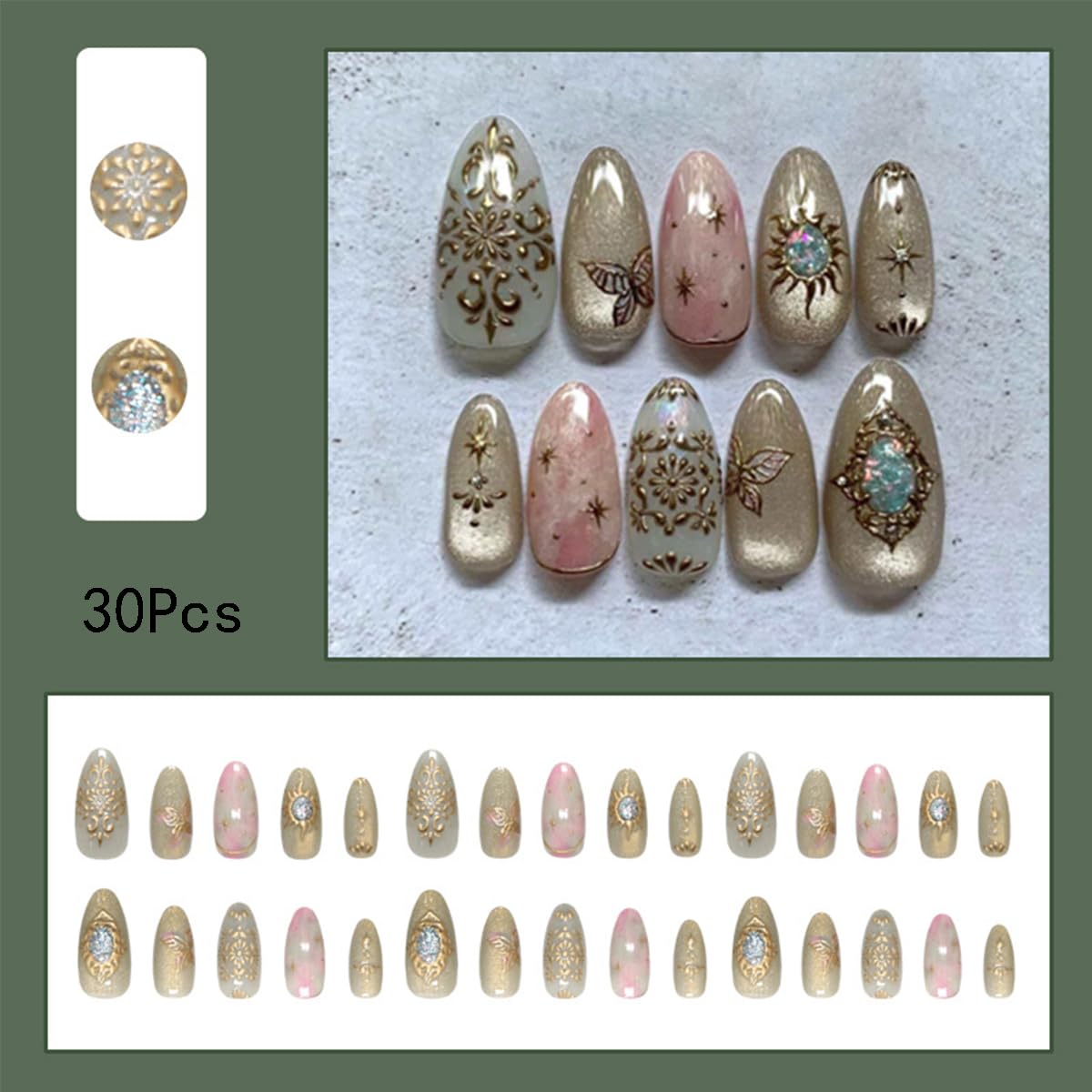 Almond Press-On Nails - 30 Pcs Medium 3D Gold Star Design | Glossy Full Cover Butterfly Acrylics