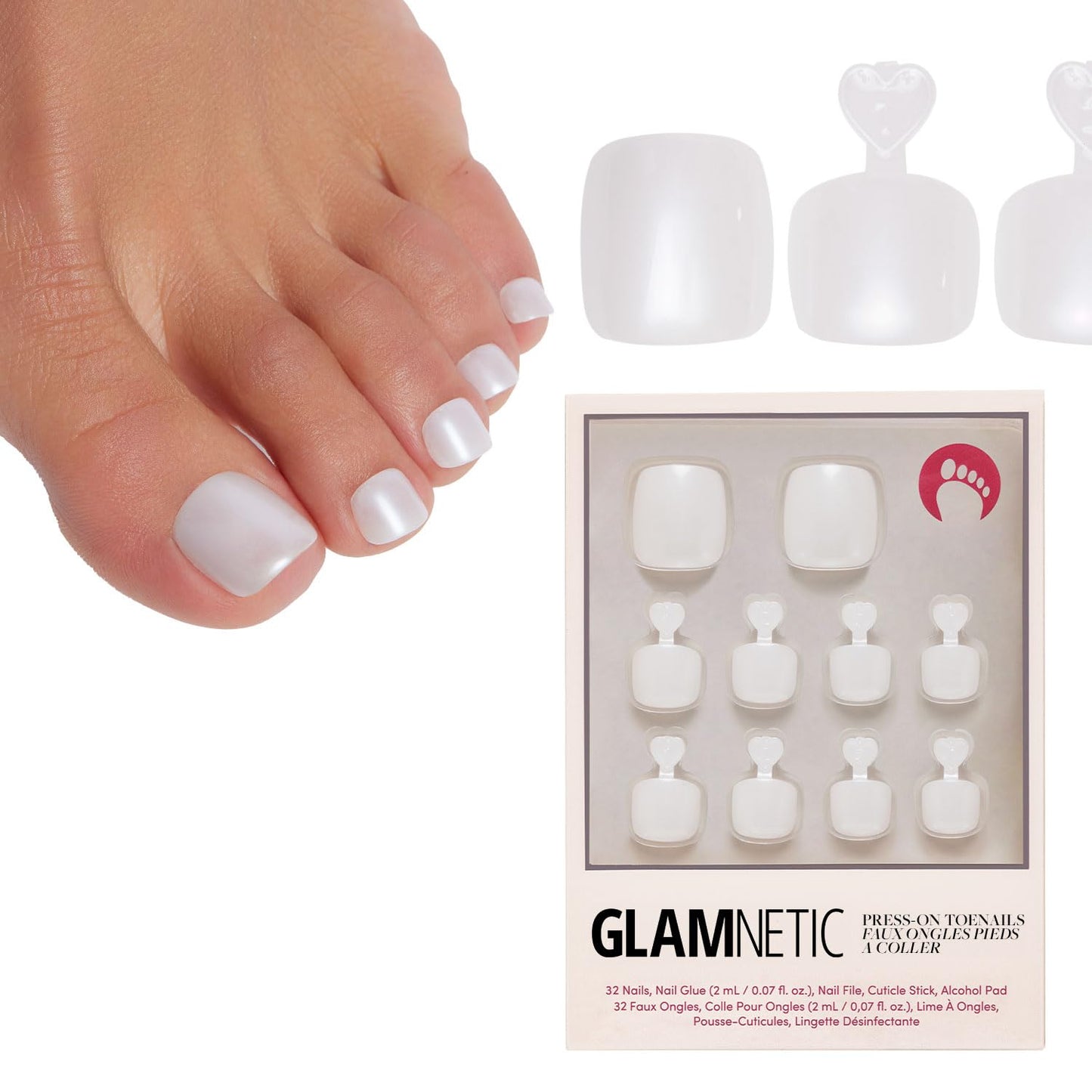 Glamnetic Press On Toenails - Classic White French Tip Fake Toe Nails | 16 Sizes, Glossy Finish, 32 Nail Kit with Glue