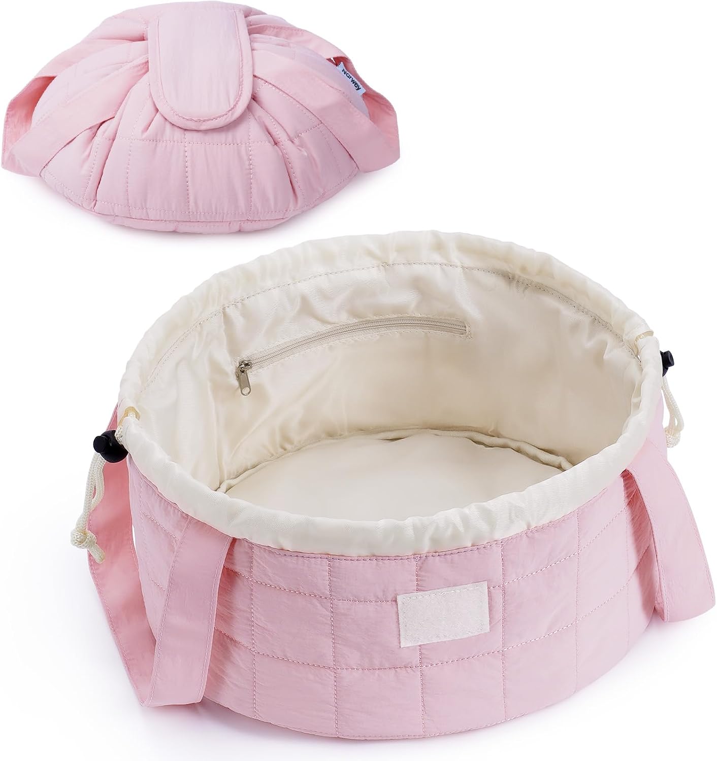 Large Pink Barrel Drawstring Makeup Bag - Stylish Cosmetic Organizer for Toiletries | Dusty Rose Color