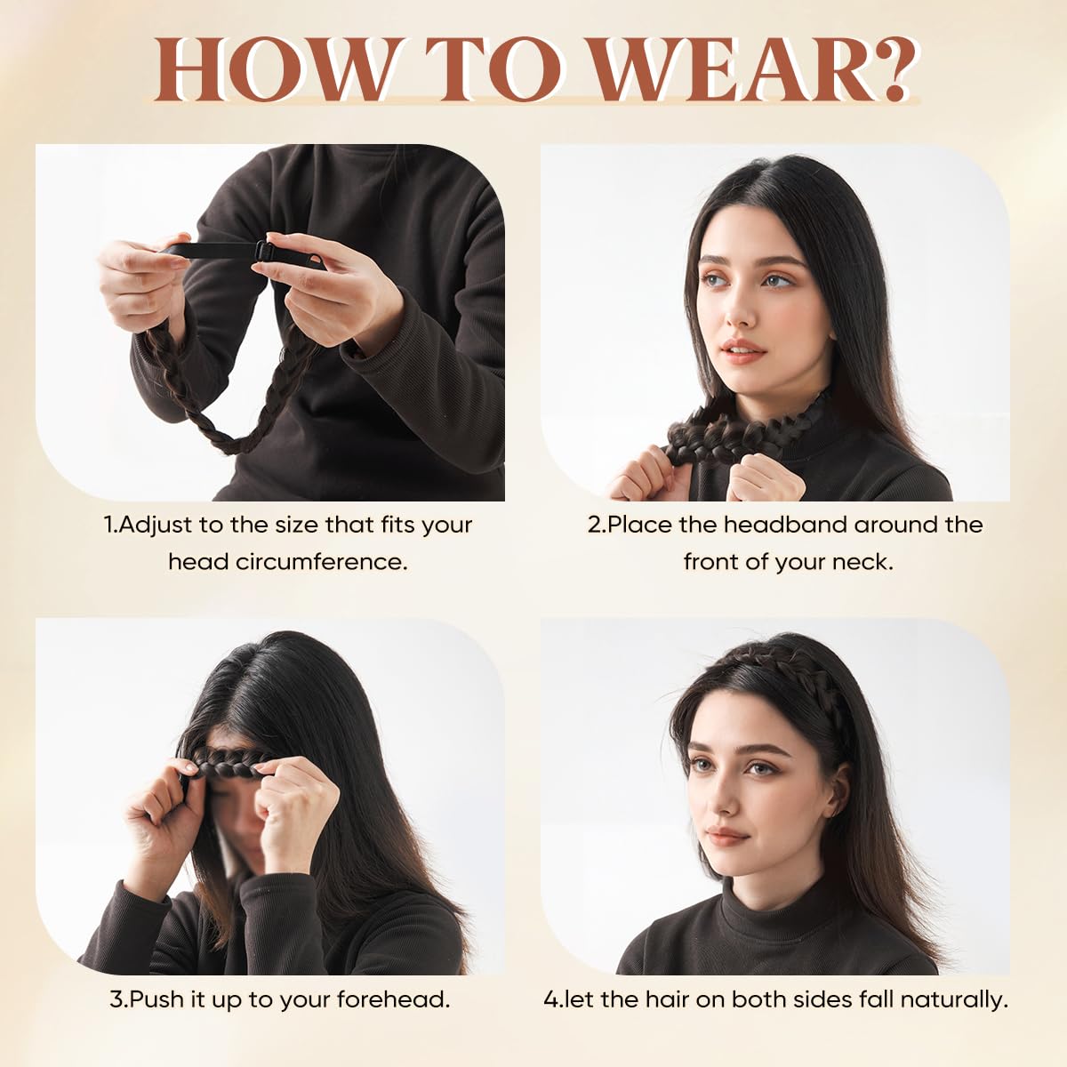 Wide Elastic Braided Headbands for Women - Adjustable Synthetic Hair Hairpiece | Coffee Brown
