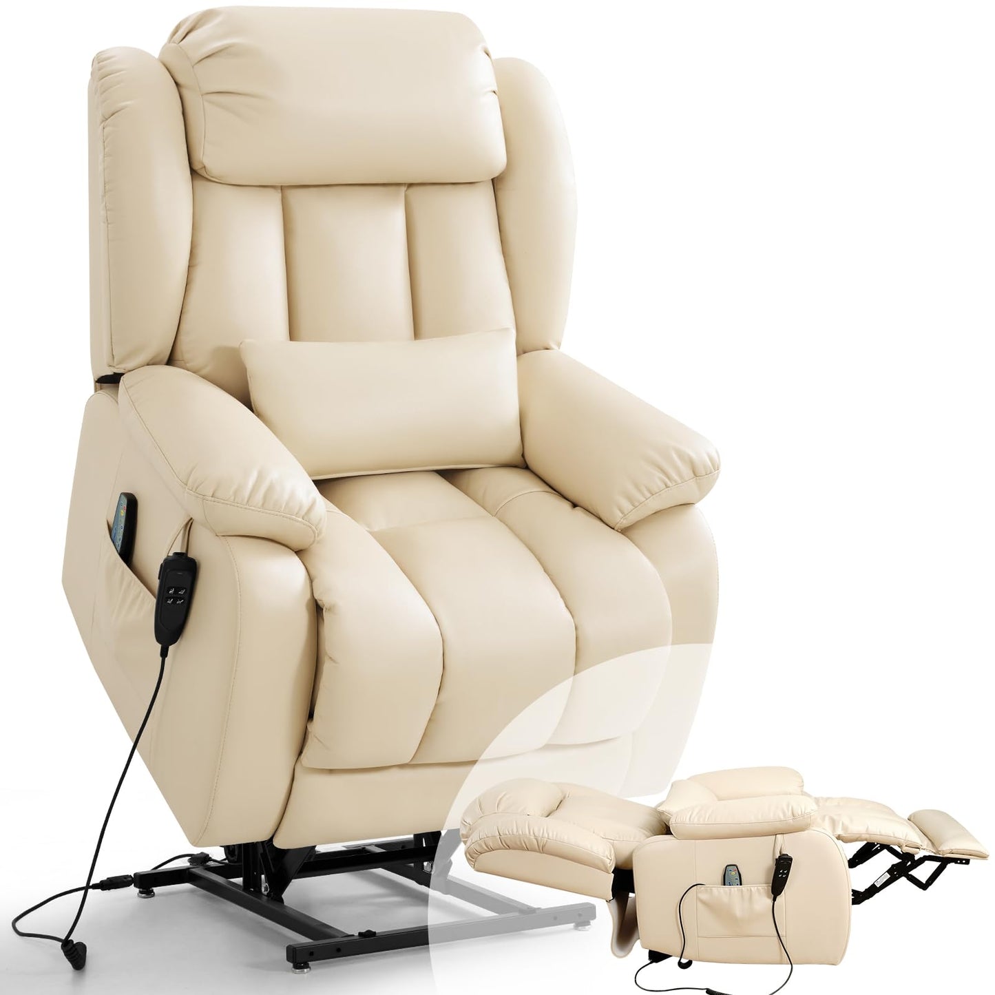 Infinite Position Lay Flat Lift Recliner Chair for Adults, Dual Motor Power Lift Chair for Elderly with Massage & Heating, Extended Footrest, USB Ports, Remote Control & Lumbar Pillow, Leather (Beige)