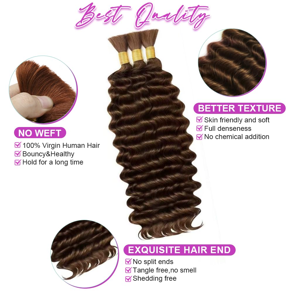 Human Braiding Hair for Boho Braids 120g Deep Water Wave Boho Bulk Human Hair for Knotless Braiding Curly Wet and Wavy Bohemian 100% Virgin Hair Extensions No Weft 3 Bundles/Pack Natural Brown
