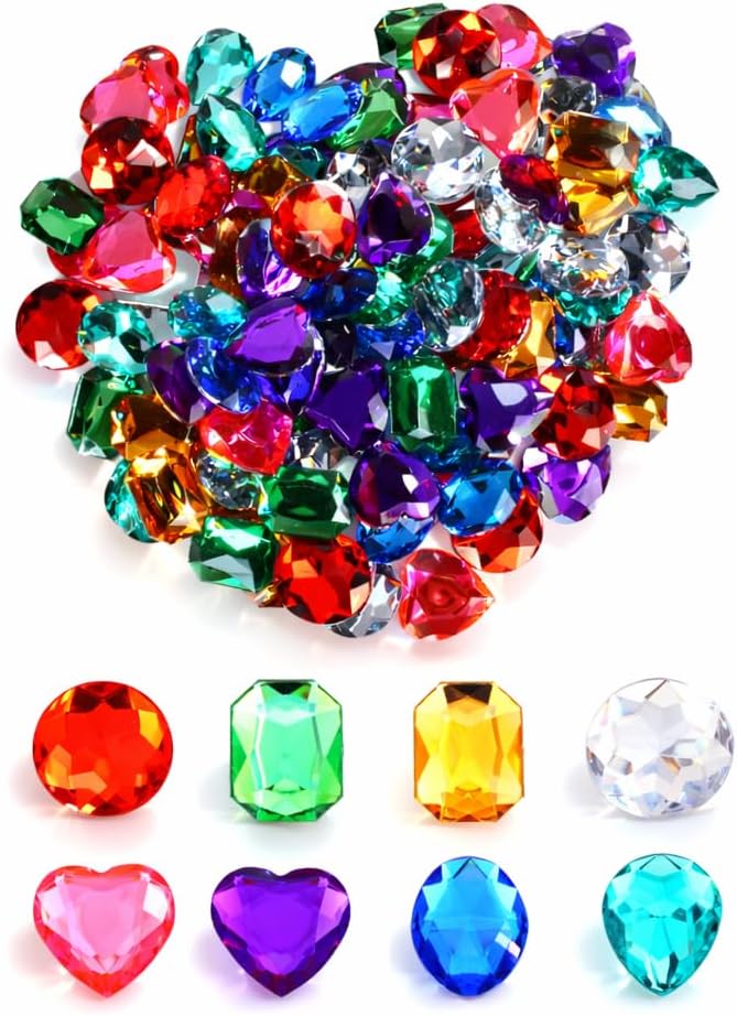 Acrylic Diamond Jewels - 128 Pcs 1-Inch Flat Back Gems for Crafts | Colorful DIY Treasure Chest Fillers with Adhesive Dots