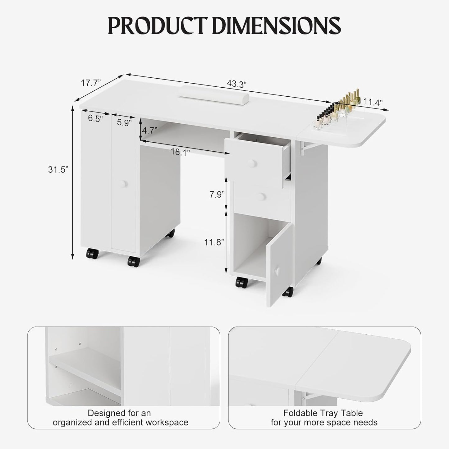 Manicure Table - Paddie Nail Desk with Extendable Surface, Trash Bag Holder & Lockable Wheels | White
