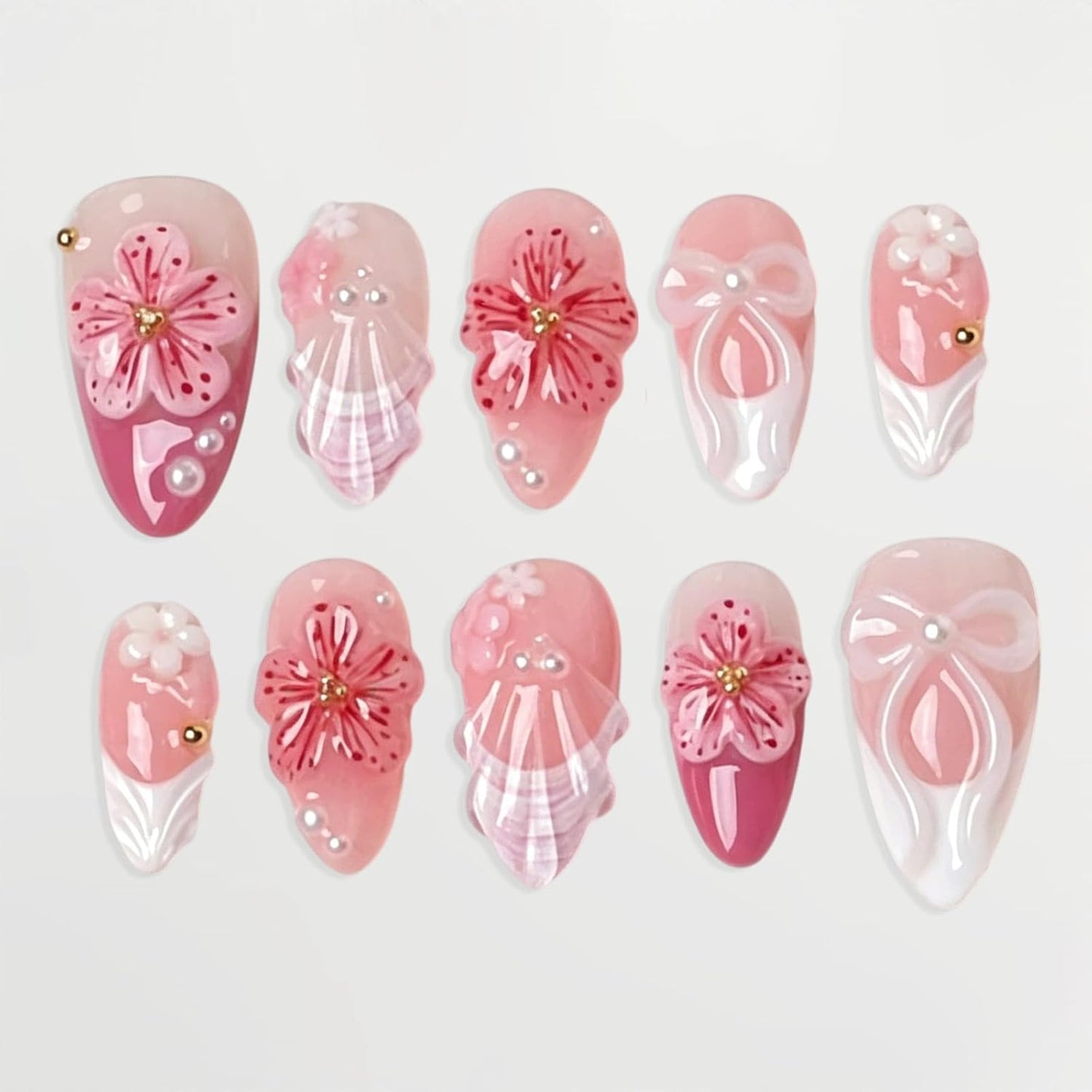 Almond Press-On Nails - White French Tip with 3D Gold Bow | Reusable Acrylic Full Cover, 24 Pcs