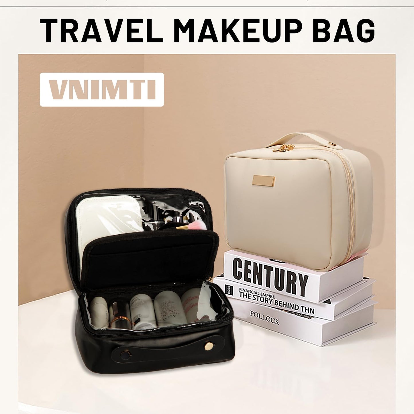 VNIMTI Travel Makeup Bag, Travel Toiletry Bag for Women with Brush Holder, Double Layer Large Cosmetic Bag, Portable Makeup Pouch, PU Leather, Black