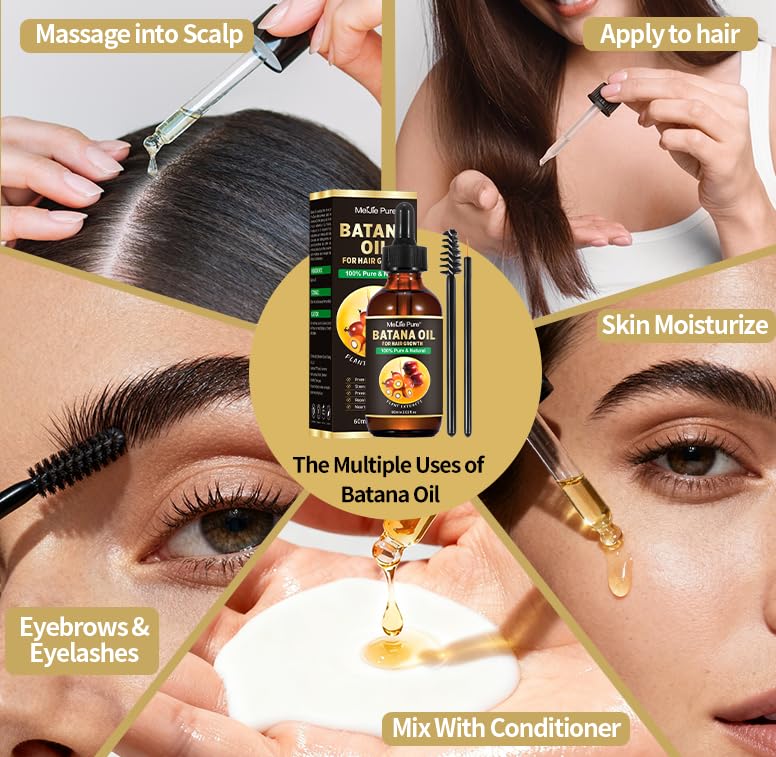 Batana Oil for Hair Growth - 4Pc Set with Hair Mask, Lash Wand & Brow Brush | Promotes Thickness & Prevents Hair Loss