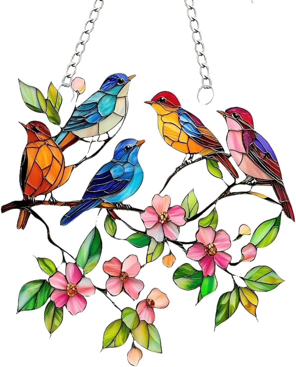 Acrylic Birds with Flowers Suncatcher - 7.08 Inch Stained Glass Style Window Decor | Rainbow Maker Wall Art & Garden Ornament
