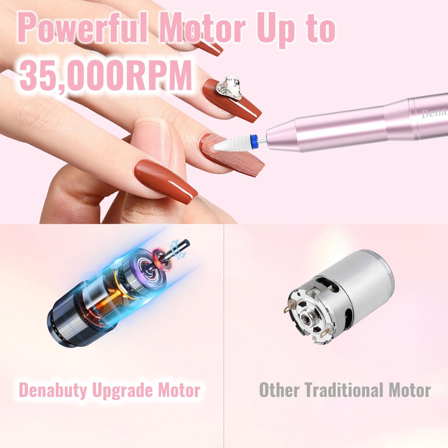 Electric Nail Drill - Cordless 35000RPM Portable Nail File with LCD Display | 12 Bits for Acrylic & Gel Nails, Pink Manicure Kit