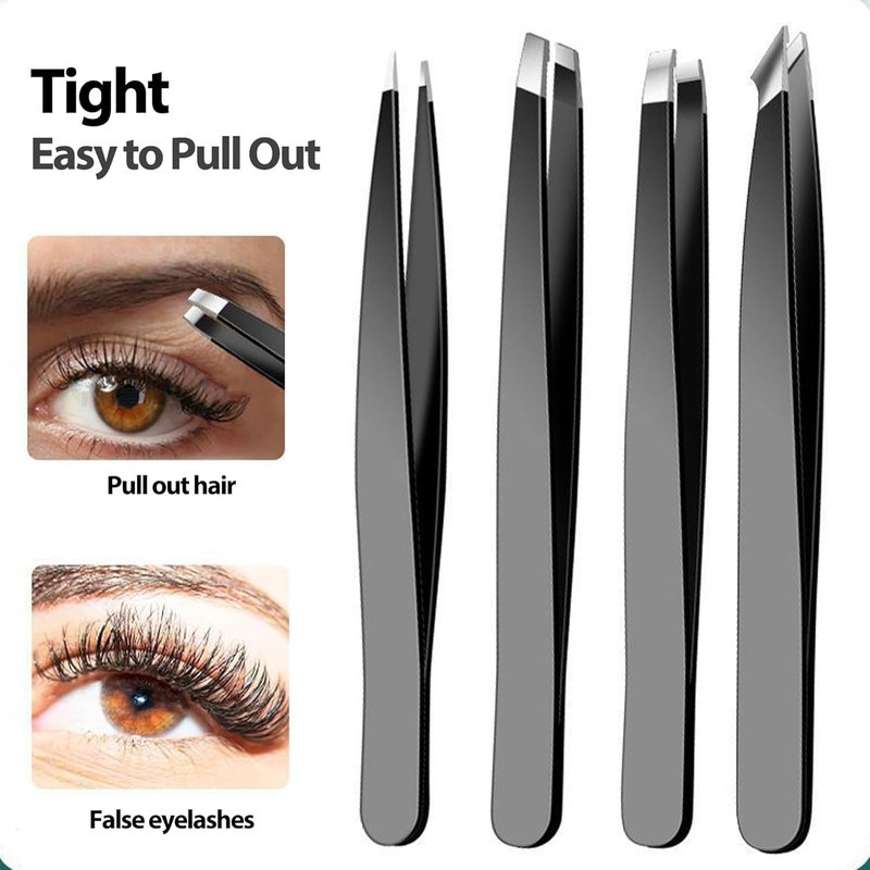 Stainless Steel Tweezers Set - 4-Piece Professional Grooming Tools for Eyebrows, Facial Hair & Splinters | High Precision (Black)