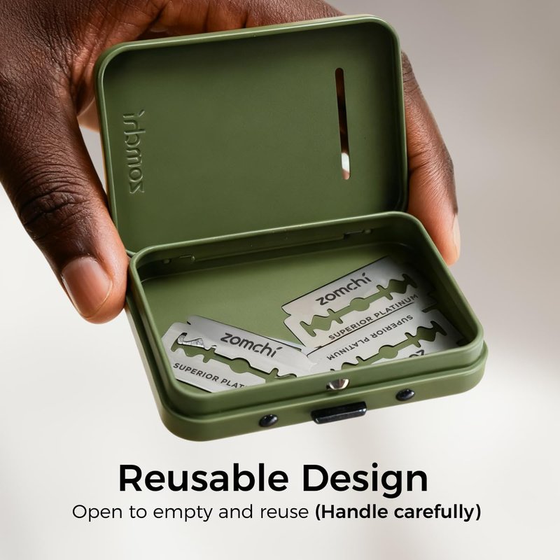 ZOMCHI Razor Blade Bank for Used Double Edge Safety Razor Blades, Compact Disposal Container for Safe Storage and Travel (Olive Green)