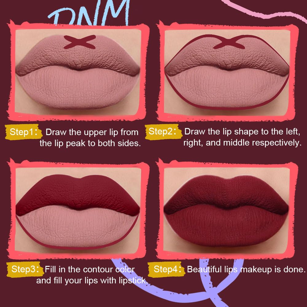 HHLTOH 3Pcs 2-in-1 Lip Liner and Lipstick Set for Women, Wine Red Matte Shimmer Lip Kit, Long-Lasting Waterproof Non-Drying Lipstick for Mature Skin, Vegan & Cruelty-Free