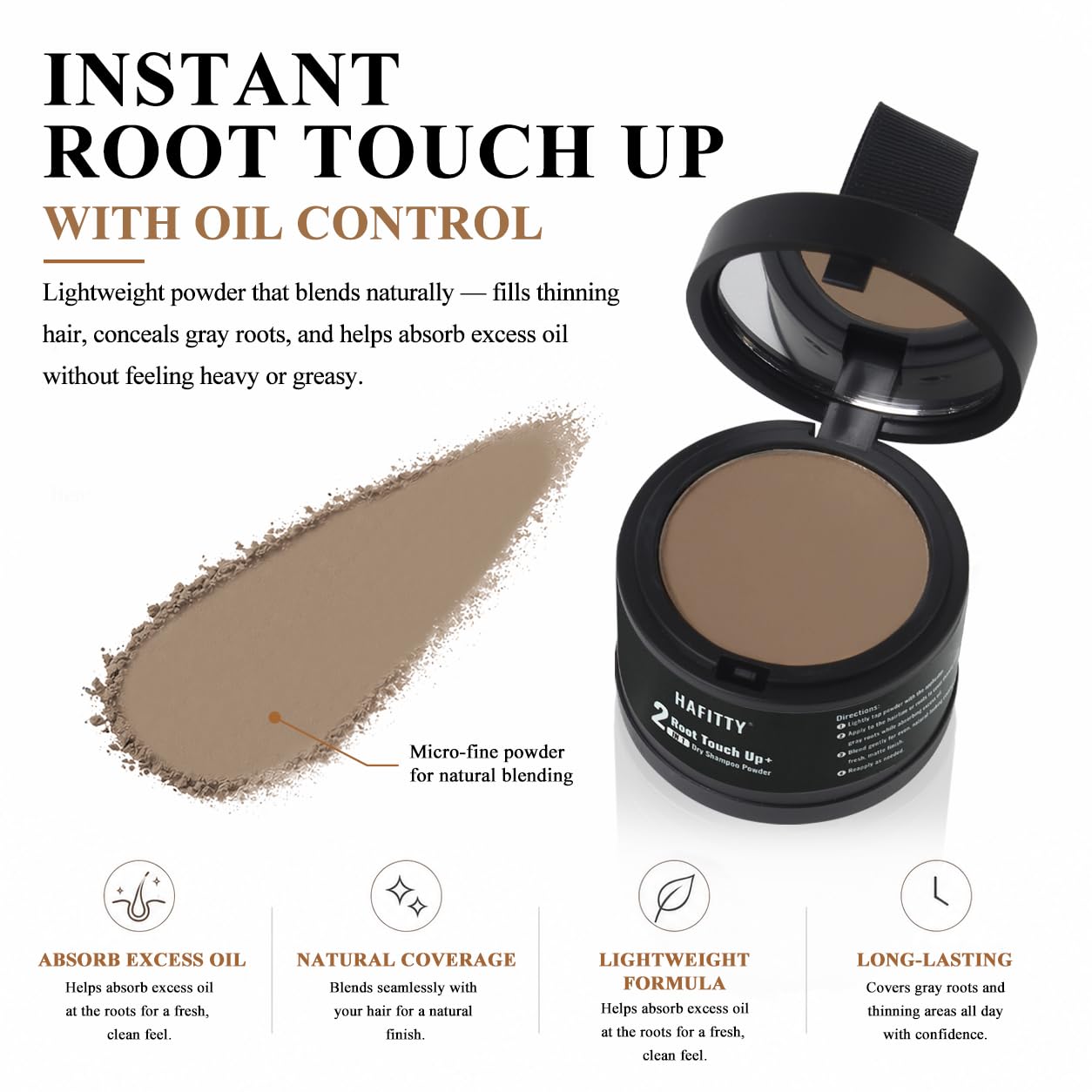 HAFITTY Root Touch Up Powder, Covers Gray Roots & Sparse Hair, Absorbs Excess Oil, All-Day Coverage, Natural Looking Finish, Easy to Apply, Hairline Powder for Women & Men (Light Brown)