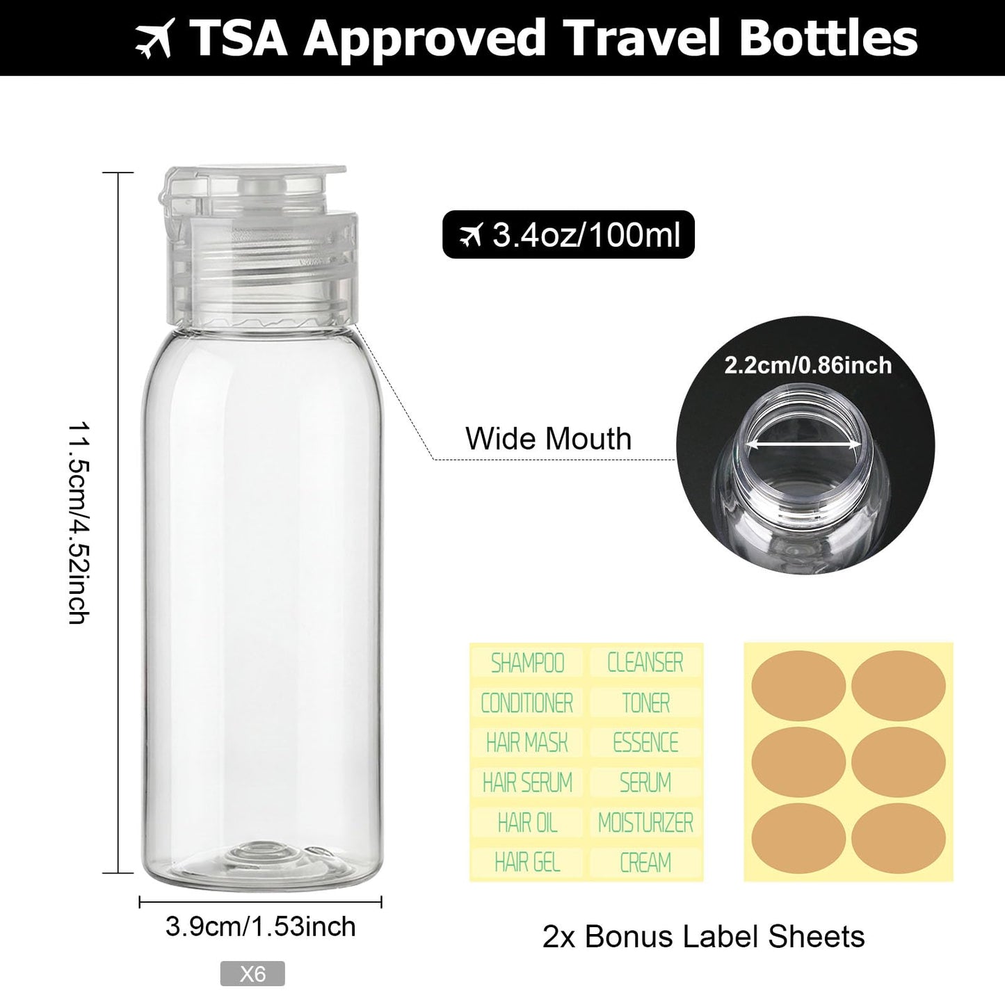 Decorniqu 6 Pack 3.4oz Travel Bottles for Toiletries Leak Proof Travel Size Toiletries TSA Approved Squeeze Bottles with Flip Cap Wide Mouth Containers for Shampoo Conditioner Body Wash Lotion(Clear)