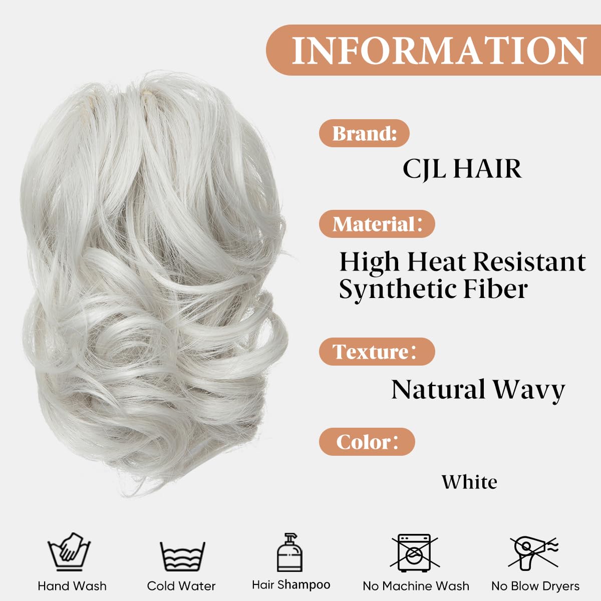 CJL HAIR Claw Clip Short Ponytail Hair Extensions DIY Bendable Metals Messy Bun Hair Piece for Wonen Wavy Curly Synthetic Fake Hairpieces White