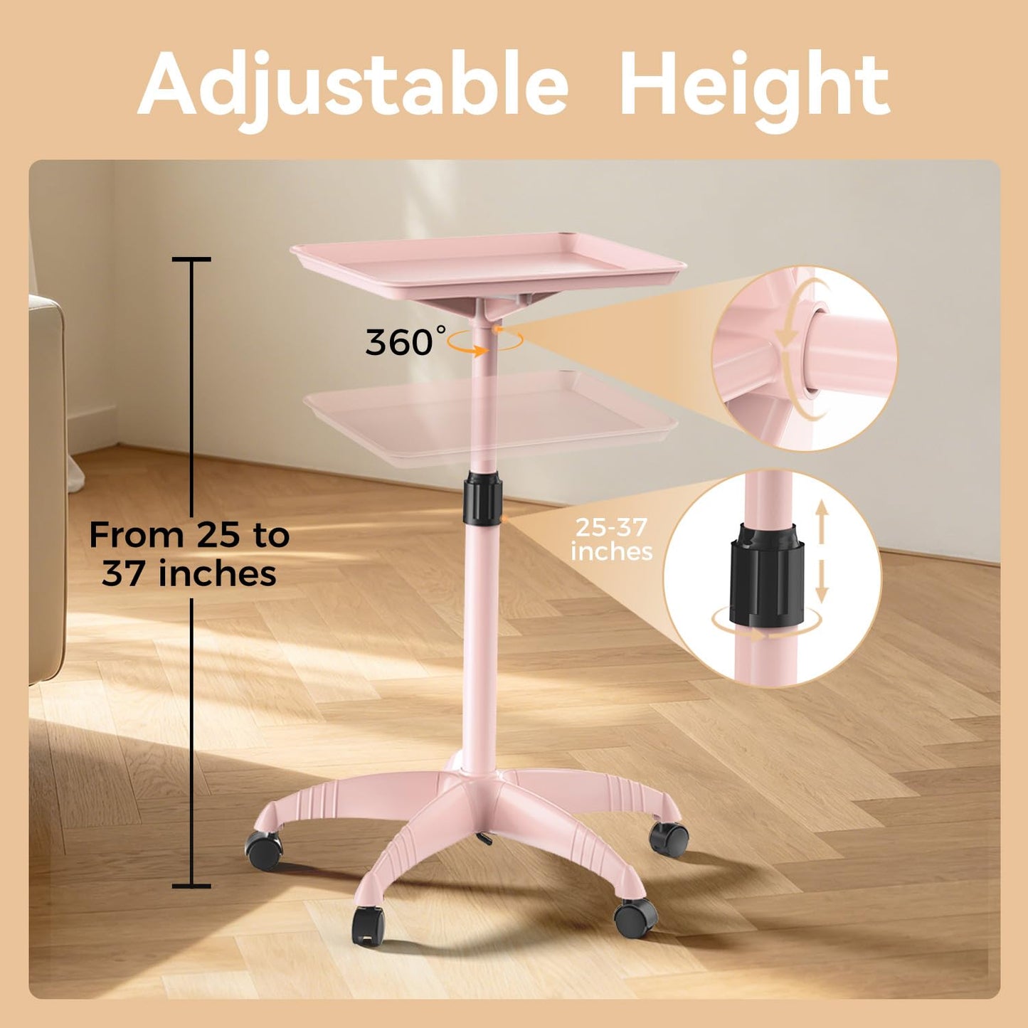 VERYTOP Rolling Salon Tray on Wheels - Adjustable Height 25"-37" Tattoo Tray, Premium Aluminum Easy Assembly Salon Trolley Cart for Clinic Spa Tattoo Studio Elderly Care Home Use(37inch-Pink)