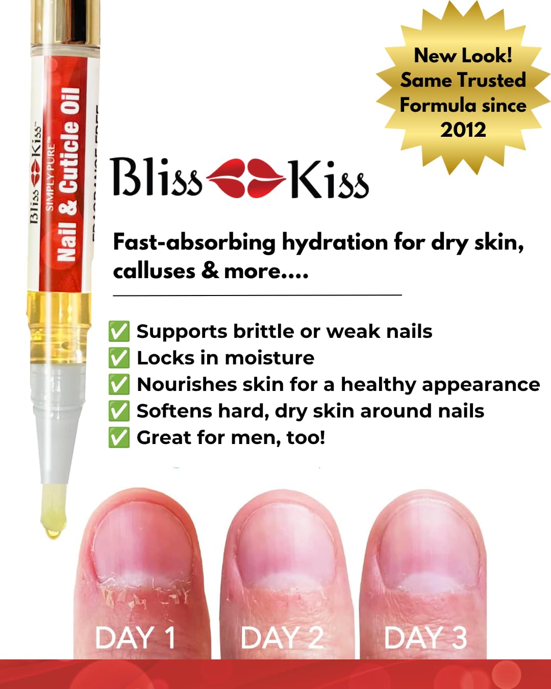 Bliss Kiss Fragrance Free Nail Oil Cuticle Pen with Vitamin E & Jojoba - Nail Strengthener Nail Growth Serum for Brittle Peeling Breaking Thin Nails