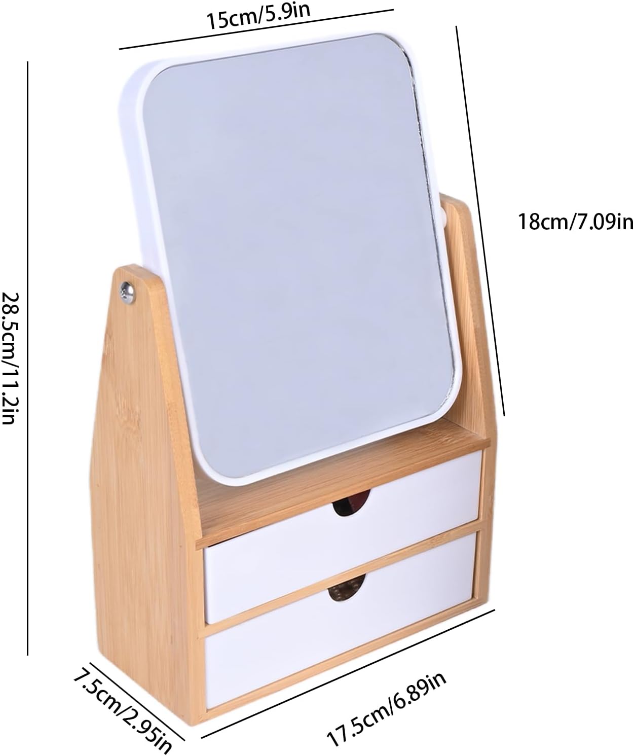 Magnifying Makeup Mirror - 1x/5x Dual-Sided with Bamboo Stand & Jewelry Storage Box | 360° Rotatable, Rectangle