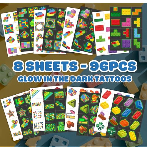 96PCS Building Block Temporary Tattoos for Kids, Glow-in-Dark Party Favors