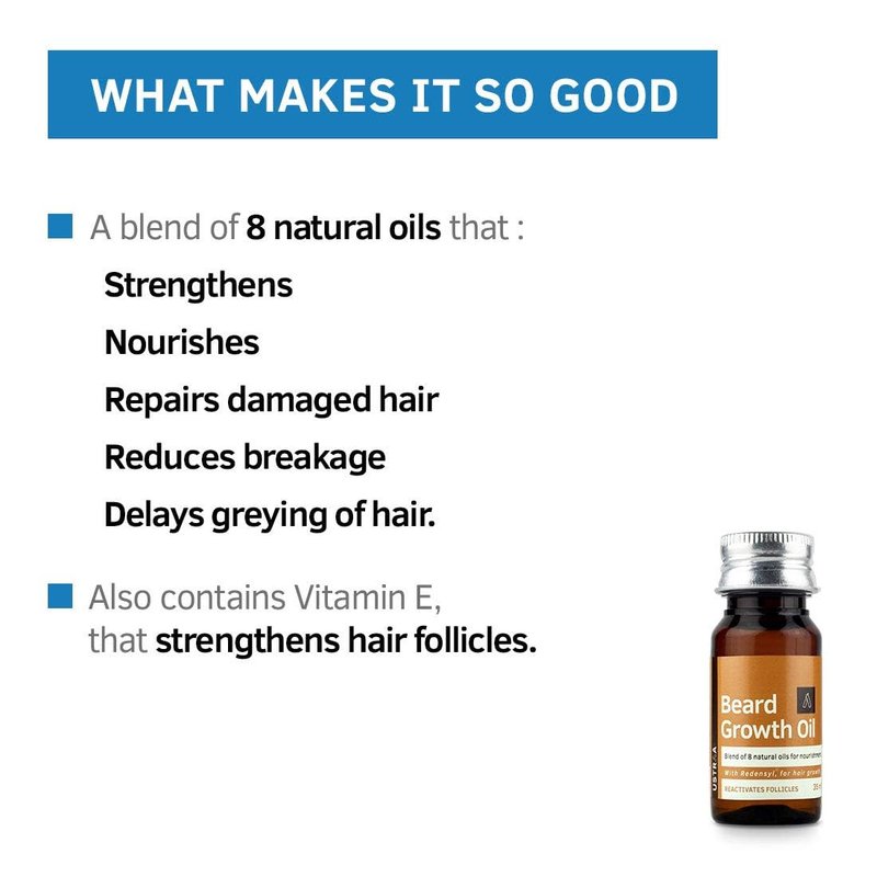 USTRAA Beard Growth Oil - 1.18 Oz - More Beard Growth, With Redensyl, 8 Natural Oils including Jojoba Oil, Vitamin E, Nourishment & Strengthening, No Harmful Chemicals