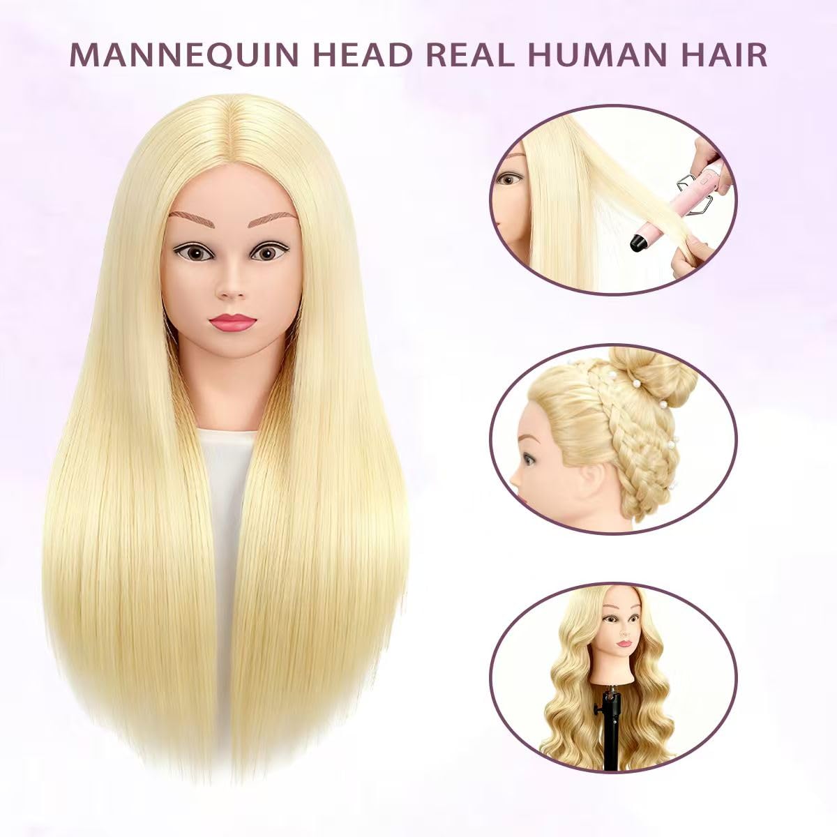 Mannequin Head with 80% Human Hair for Hair Styling Practice 26-28 Inch Straight Hair Training Head for Cosmetology Barber Hairdresser Students and Professionals (613)