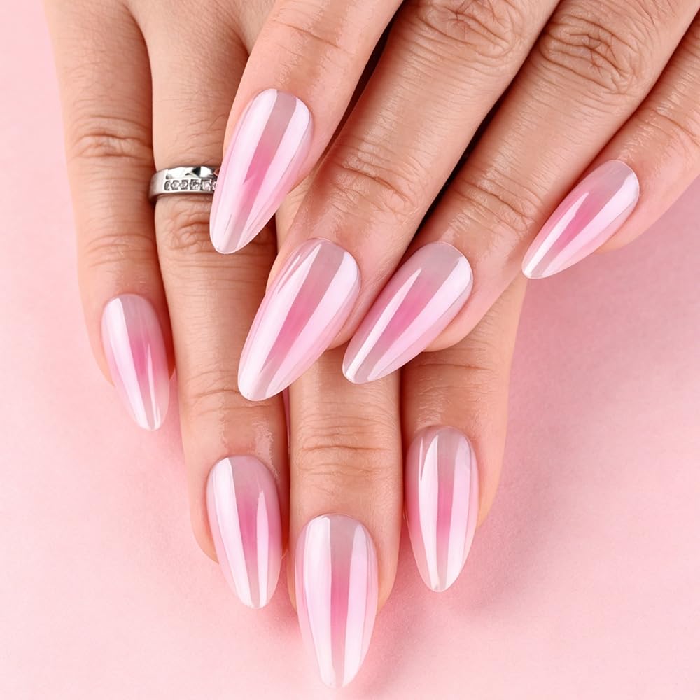 3D Gold Line French Tip Press-On Nails - Short Almond Glitter Light Nude | Handmade Acrylic Nails with 3D Pearl Designs