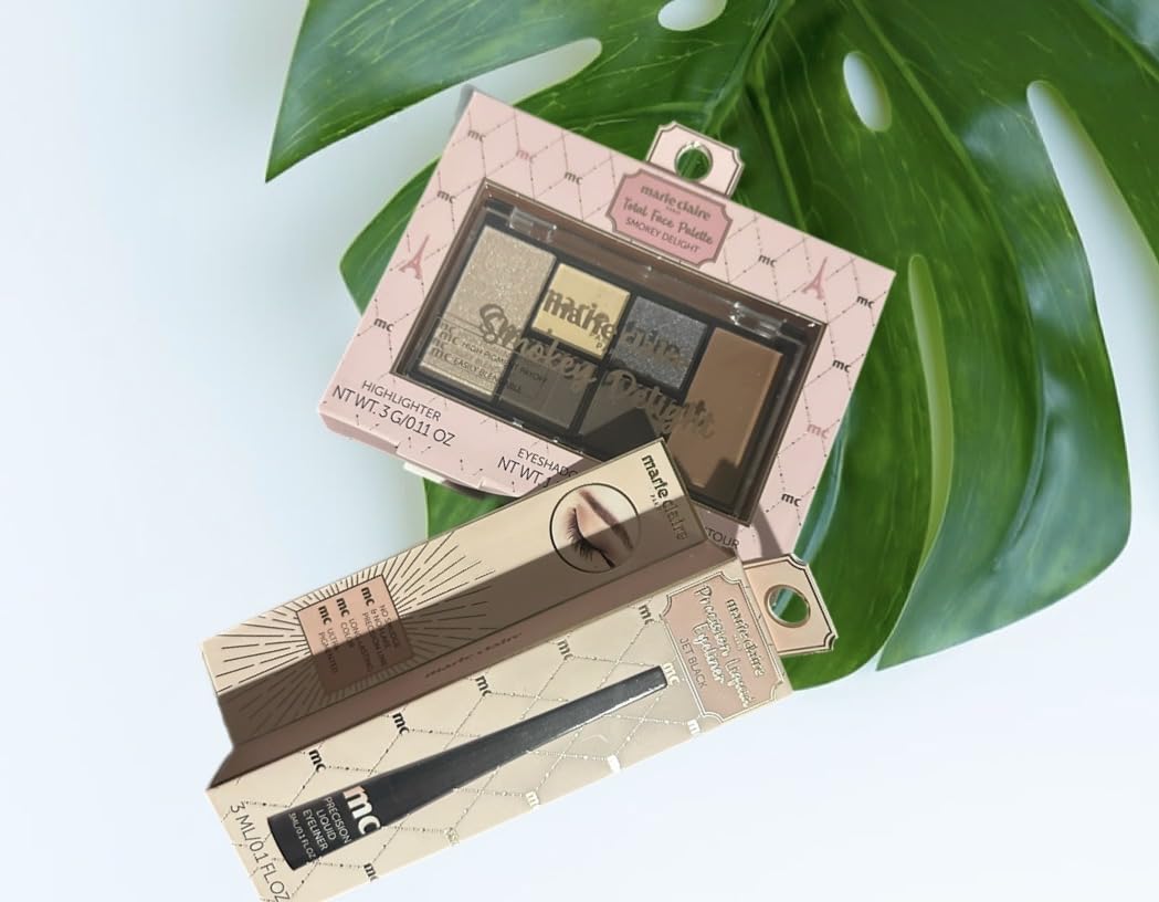Marie Claire Total Face Palette, Smokey Delight, with Highlighter, 4 Eyeshadows, Contour and Precision Black Liquid Eyeliner