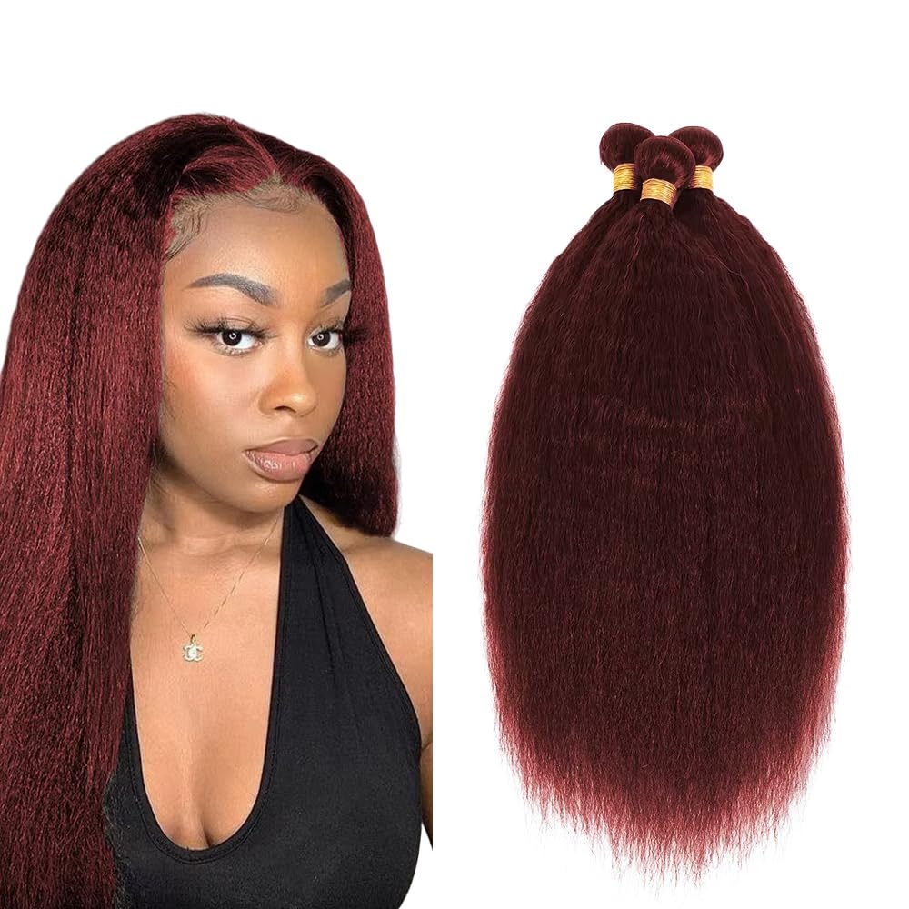 Wine Red Bundles Human Hair Yaki Straight Bundles 26 28 30 Inch #99J Burgundy Kinky Straight Bundle Unprocessed Brazilian Virgin Weave Hair 3 Bundle 50 Gram Per Bundle