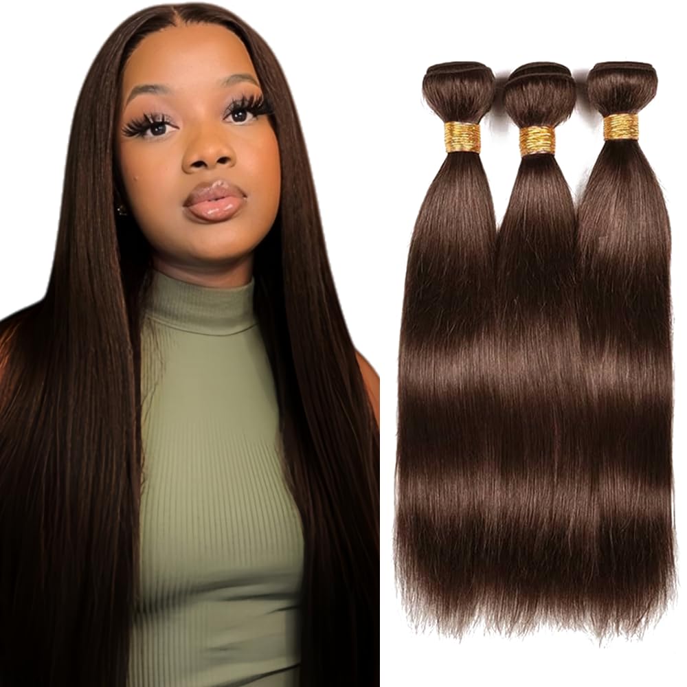 #4 Chocolate Brown Bundles Human Hair Straight Bundles 28 28 28 Inch Straight Bundles Unprocessed Brazilian Virgin Hair Deals Quick Weave Hair Extensions 3 Bundle 50 Gram Per Bundle