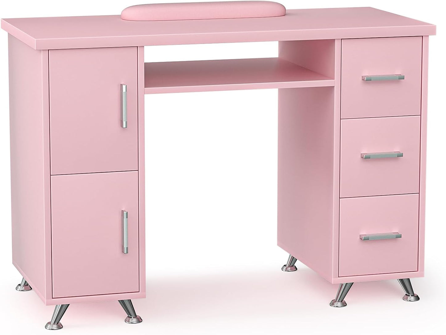 Manicure Table - Durable Nail Desk with 3 Drawers & 2 Cabinets | Acetone-Resistant, Versatile Salon Station (White-Gold)