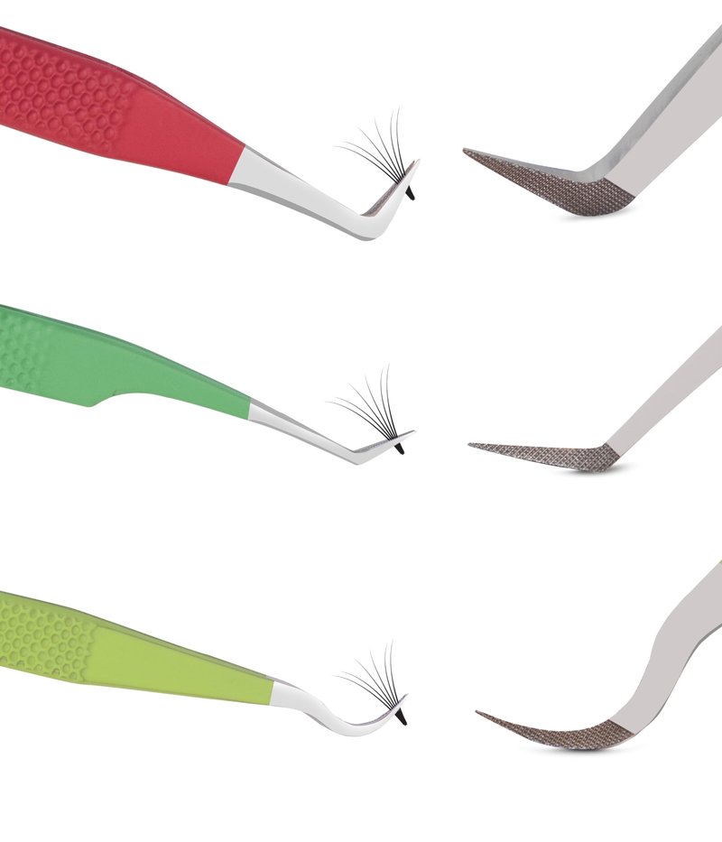 SIVOTE Lash Tweezers for Eyelash Extensions Fiber Tips, Set of 3, 45 Degree, Curved, Volume Boot, Dark Green Red Green