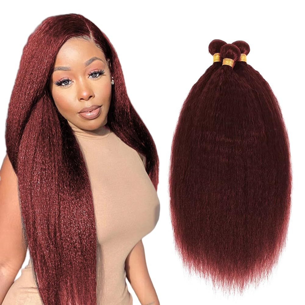 28 28 28 Inch #99J Burgundy Bundles Human Hair Yaki Straight Bundles Wine Red Color Kinky Straight 3 Bundles 50g/Bundle Unprocessed Brazilian Virgin Weave Hair Extensions for Black Women