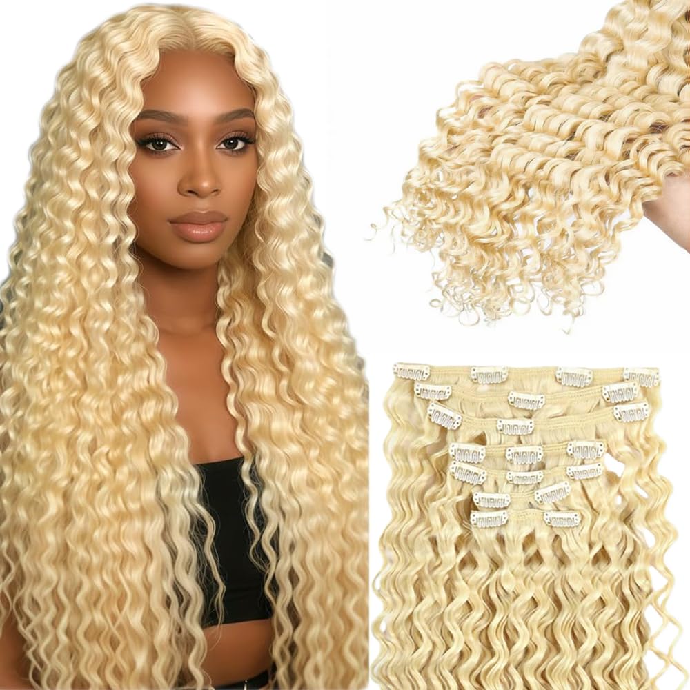 #613 Blonde Clip in Hair Extensions Real Human Hair, 18 Inch 120g/7Pcs,Full Shine Remy Hair,Blonde Deep Wave Clip ins Brazilian Virgin Human Hair Extensions