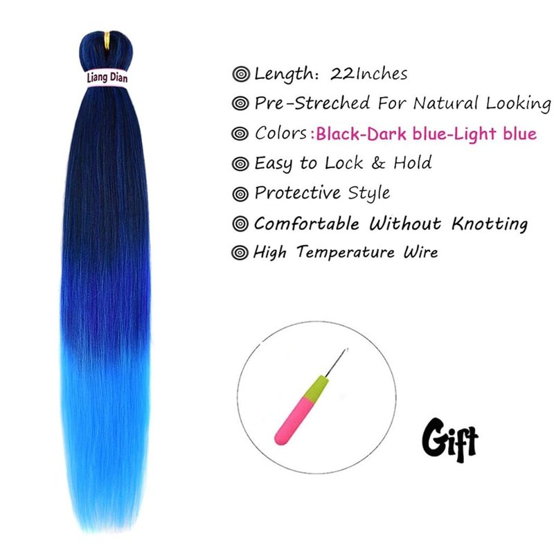 Pre-Stretched Braiding Hair - 22 Inch Synthetic Crochet Extensions | 6 Packs in Mixed Black, Dark Blue & Light Blue