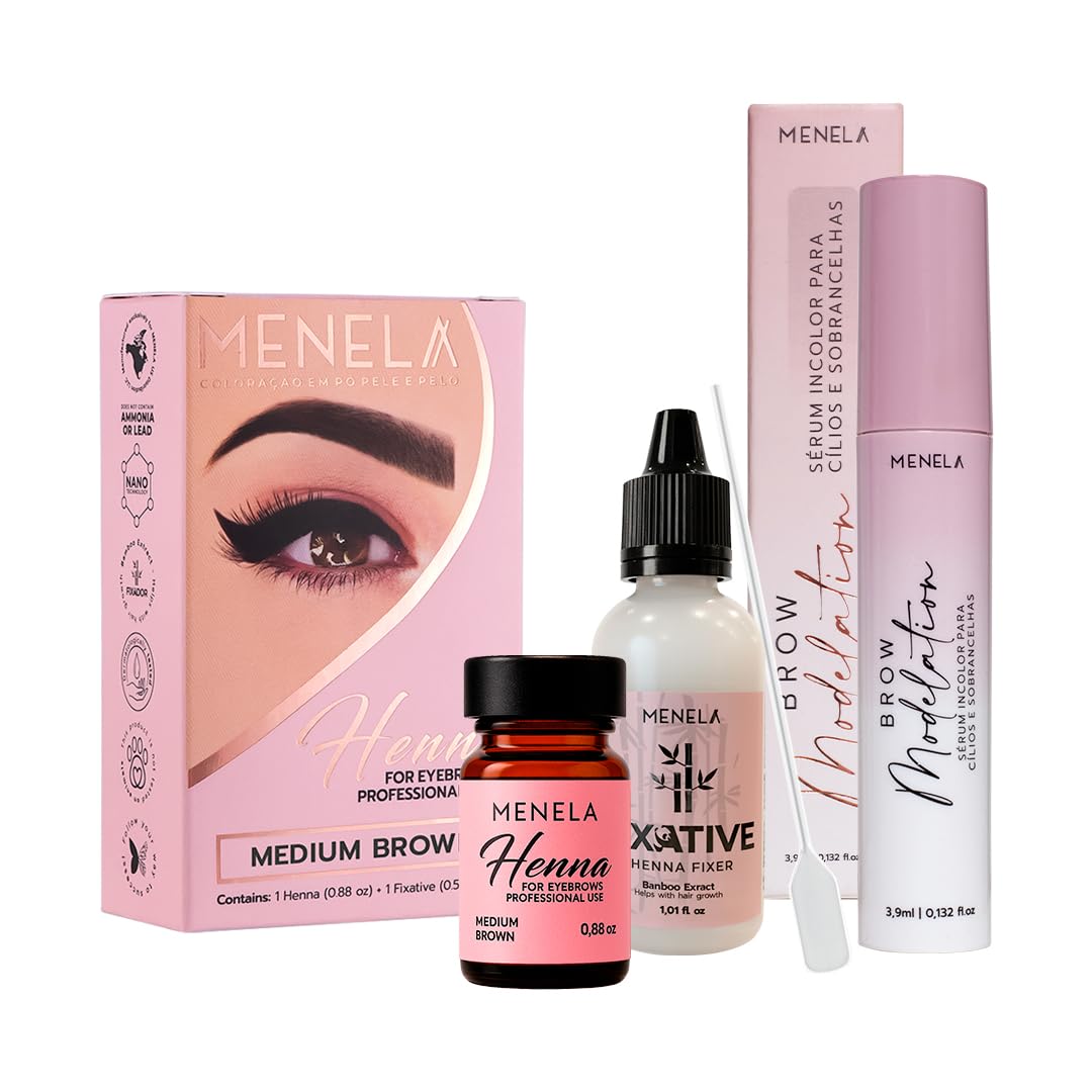 MENELA Medium Brown Henna Color Kit with Lash & Beauty Serum – Complete Color & Care System, Up to 60 Applications, 2.5g Henna, 15ml Fixer & Serum, DIY & Professional Use, Vegan, Ammonia-Free