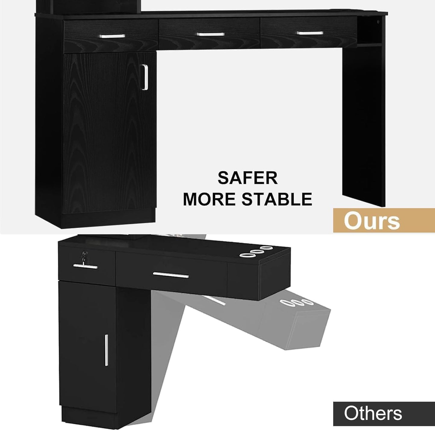 4ever2buy Salon Stations for Hair Stylist, Black Barber Hair Salon Station, 3 Hair Dryer Holder, 3 Drawers and 1 Cabinet, Mirror not Included, Black