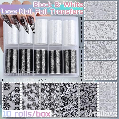 Lace Nail Foil Stickers - 10 Rolls Black & White Holographic Designs
